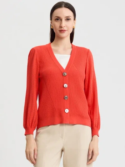 Misook Heritage Pointelle Ribbed Soft Knit Cardigan In Red