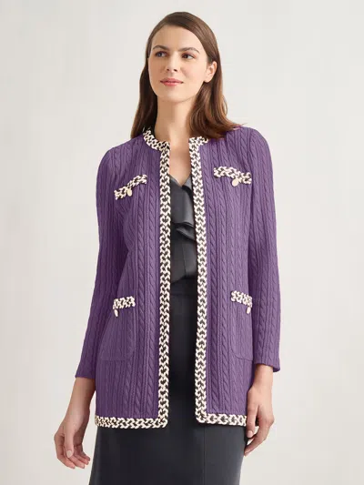 Misook Jewel Neck Contrast Trim Cable Knit Jacket In Multi