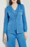 Misook Tailored Metallic Accent Ribbed Flat Knit Jacket In Adriatic Blue