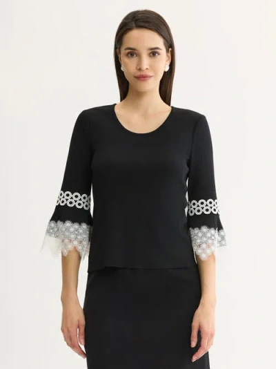 Misook Lace Applique Soft Knit Top In Black