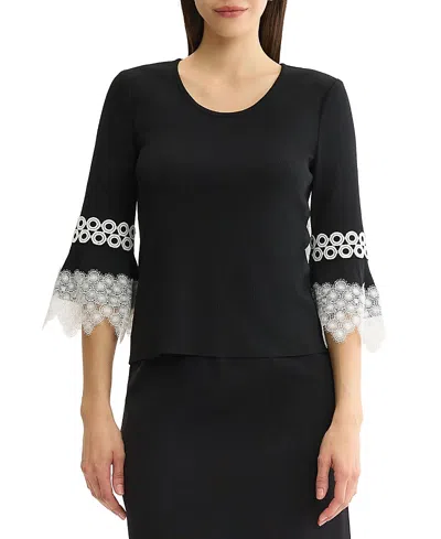 Misook Lace Applique Soft Knit Top In Black/white