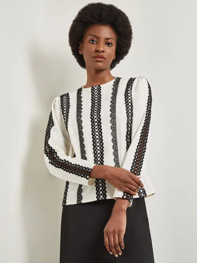 Misook Lace Applique Woven Blouse In New Ivory/black
