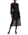 Misook Belted Long Sleeve Grommet Lace Midi Dress In Black