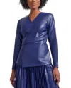 Misook Tailored Fit Vegan Leather Tie Back Jacket In Starry Night Blue