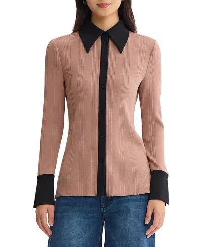 Misook Lightweight Mixed Media Soft Knit Shirt In Charmeuse/black