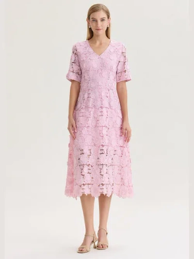 Misook Lined Floral Lace Applique Woven Midi Dress In Pink
