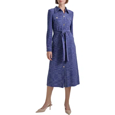 Misook Long Sleeve Belted Tweed Knit Shirtdress In Starry Night Blue/new Ivory