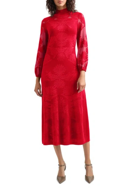 Misook Long Sleeve Burnout Dress In Red
