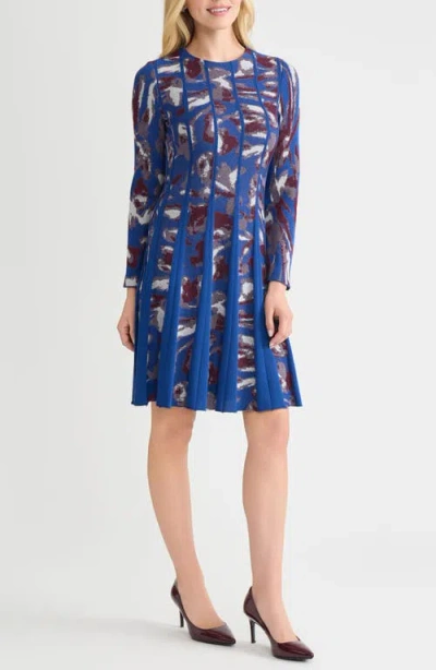 Misook Long Sleeve Jacquard Fit & Flare Dress In Blue