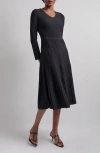 Misook Long Sleeve V Neck Ribbed Midi Dress In Black