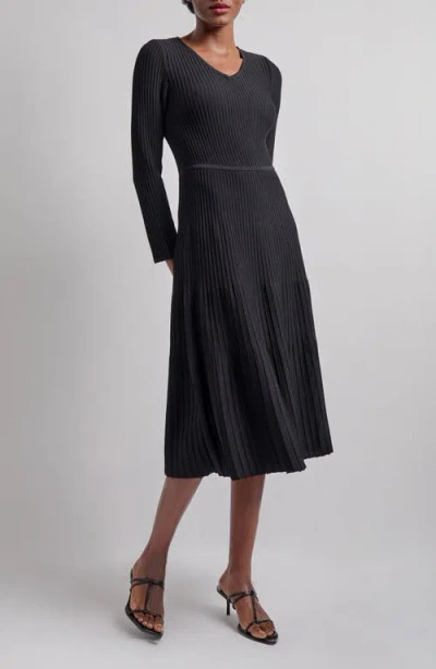 MISOOK MISOOK LONG SLEEVE RIB FIT & FLARE MIDI DRESS