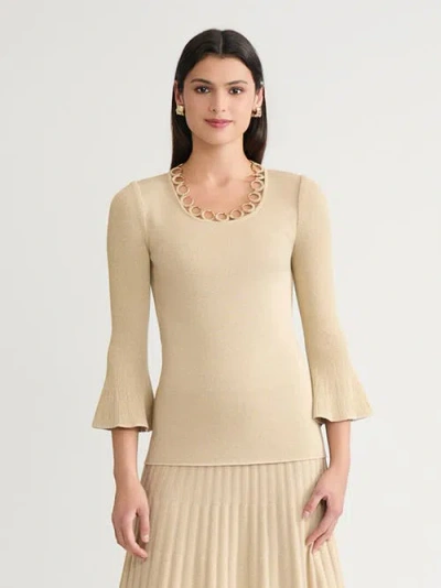 Misook Lurex Crochet Grommet Soft Knit Top In Brown