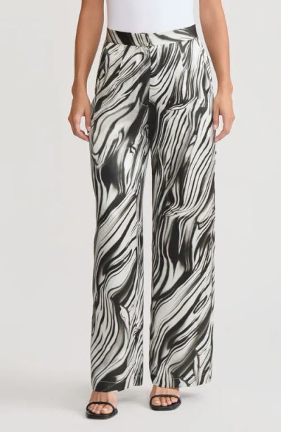 Misook Marble Print Wide Leg Silk Pant In Black