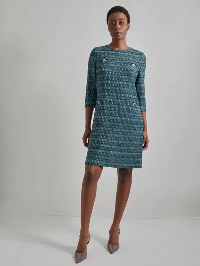 Misook Metallic Accent Tweed Knit Shift Dress In Spruce/black/new Ivory