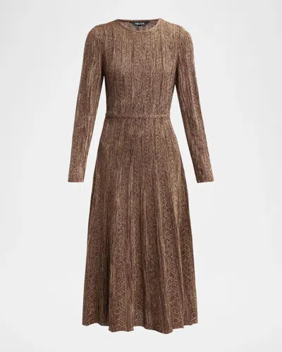 Misook Metallic Pleated Midi Dress In Brown