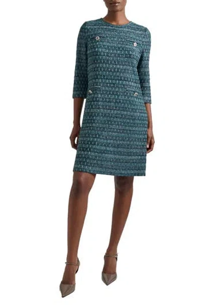Misook Metallic Tweed Shift Sweater Dress In Blue