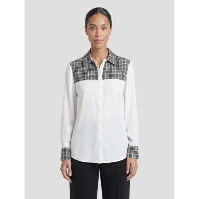 Misook Mixed Media Plaid Crepe De Chine Blouse In White