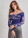 Misook Modern Fit Cropped Cross Body Watercolor Soft Knit Top In Multi
