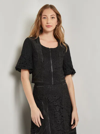 Misook Modern Fit Cropped Textural Woven Blouse In Black