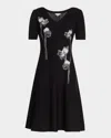 Misook Fit And Flare Embroidered Dress In Black/white