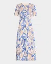 Misook Modern Fit Floral Jacuard Dress In Aegean Blue/aquatic/peach Blossom/biscotti