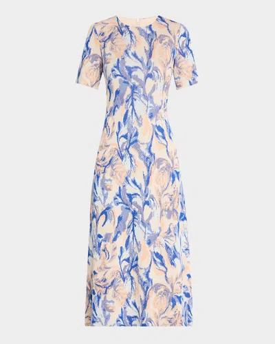 Misook Modern-fit Floral Jacquard Knit Midi Dress In Aegean Blue/aquatic Multi