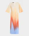 Misook Pleated Ombre Crepe De Chine Dress In Arctic/butterfield/amber Glow/midnight Umber/biscotti/white