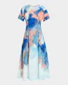 Misook Watercolor Midi Dress In Aegean Blue/aquatic/baked Clay/peach Blossom/biscotti/white/black