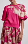 Misook Placed Floral Jacquard Sweater In Pink Flash/multi