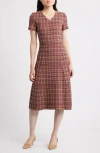 Misook A-line Plaid Multi-stitch Knit Midi Dress In Brown