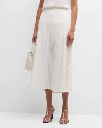 Misook Pleated A-line Woven Midi Skirt In White