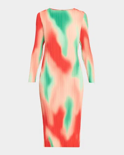 Misook Pleated Abstract Midi Dress In Cherry Ember Peach Dream