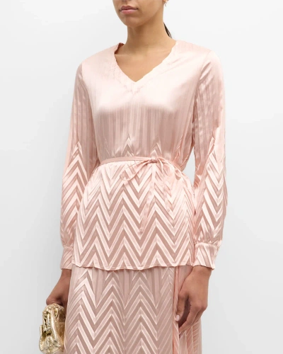 Misook Pleated Belted Crepe De Chine Blouse In Porcelain Pink