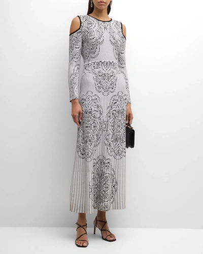 Misook Pleated Cold-shoulder Jacquard-knit Maxi Dress In Black/white