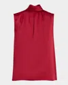Misook Pleated Mock Neck Crepe De Chine Blouse In Red