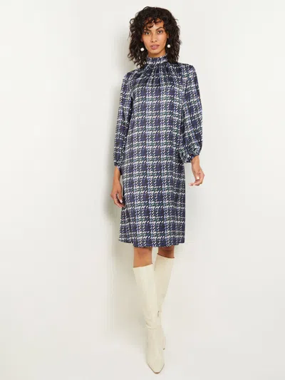 Misook Pleated Mock Neck Crepe De Chine Printed A-line Dress In Neutral