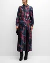 Misook Pleated Tie-neck A-line Midi Dress In Marine Teal/african Violet/goldenwood/soft Mauve/new Ivory/black
