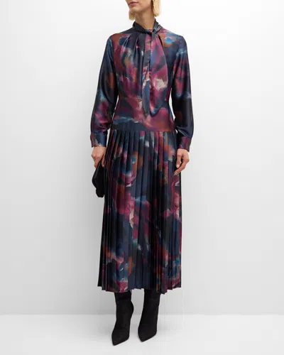 Misook Pleated Tie-neck A-line Midi Dress In Marine Teal/ Violet