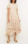 Misook Pointelle Stripe Tassel Detail Midi Dress In Biscotti