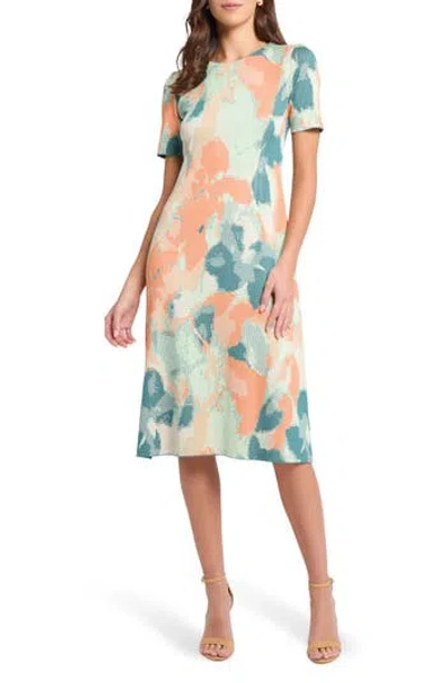 Misook Print Puff Sleeve Dress In Paradise Green/ Biscotti