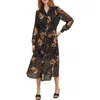 Misook Print Smocked Waist Long Sleeve Midi Dress In Black/ Ochr/ Mul