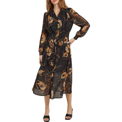 Misook Print Smocked Waist Long Sleeve Midi Dress In Black/ Ochr/ Mul