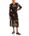 Misook Smocked Floral-print Chiffon Midi Dress In Black/ochre/multi