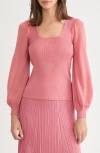 Misook Puff Sleeve Rib Top In Pink