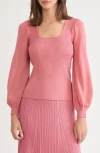 Misook Puff Sleeve Rib Top In Multi