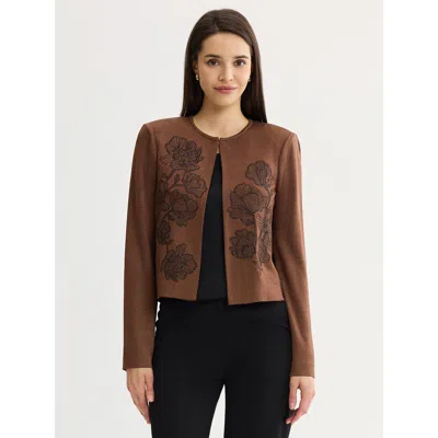 Misook Relaxed Embroidered Metallic Knit Cardigan In Mahogany/gold Lurex