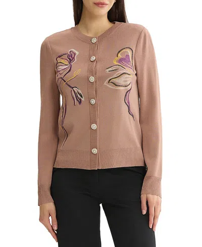 Misook Relaxed Floral Embroidered Knit Cardigan In Charmeuse/purple/biscotti/black