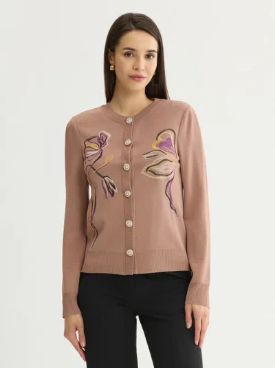 Misook Relaxed Floral Embroidered Knit Cardigan In Pink