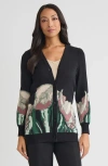 Misook Relaxed Floral Jacquard Knit Cardigan In Black