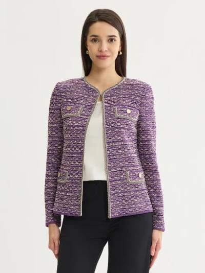 Misook Relaxed Lurex Eyelash Ribbon Knit Jacket In Purple